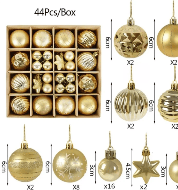 Bolas de Natal Branca/Vermelha/Dourada para Árvore - Kit com 44 Unidades