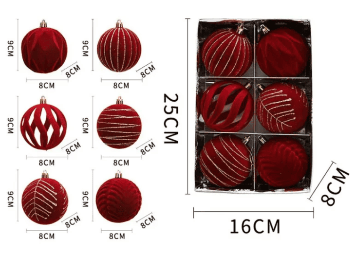 Bolas de Natal Brancas / Vermelhas - Kit 6 Unidades